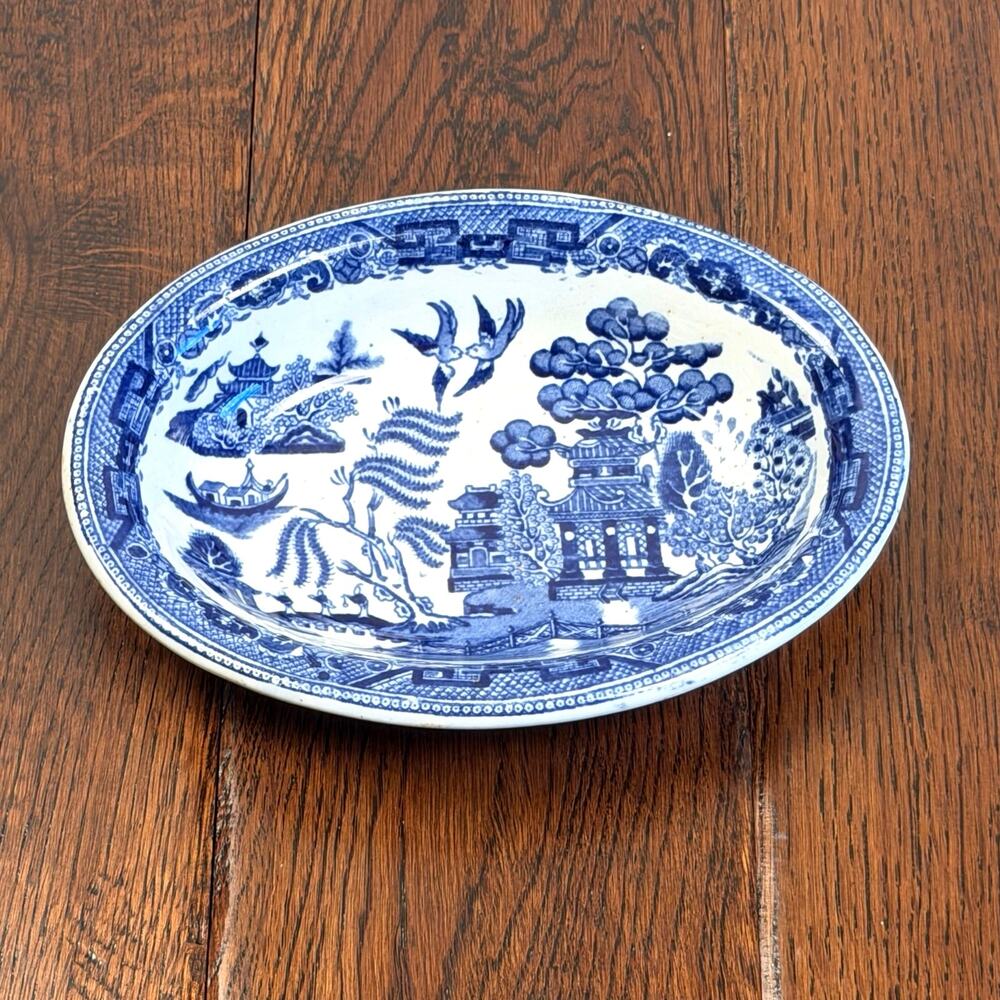 Antique Willow Tree Dish | Oval Trinket Dish | Blue White Transferware